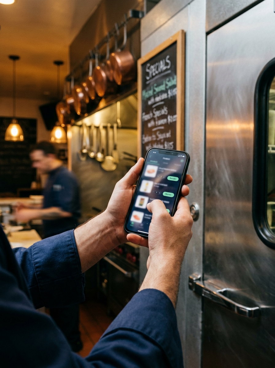 Han Feng app on a phone in a restaurant kitchen