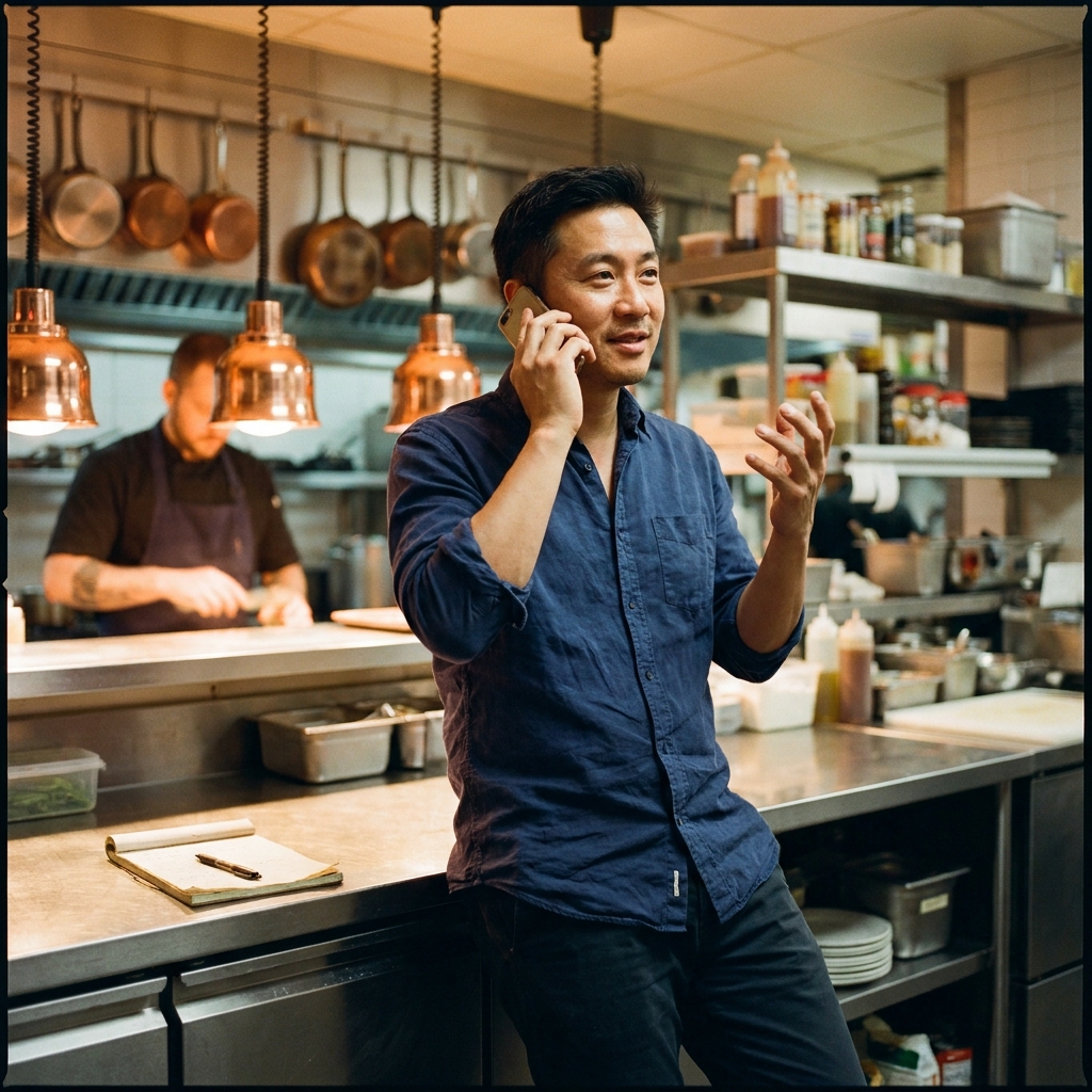 A sales rep talking with a kitchen owner